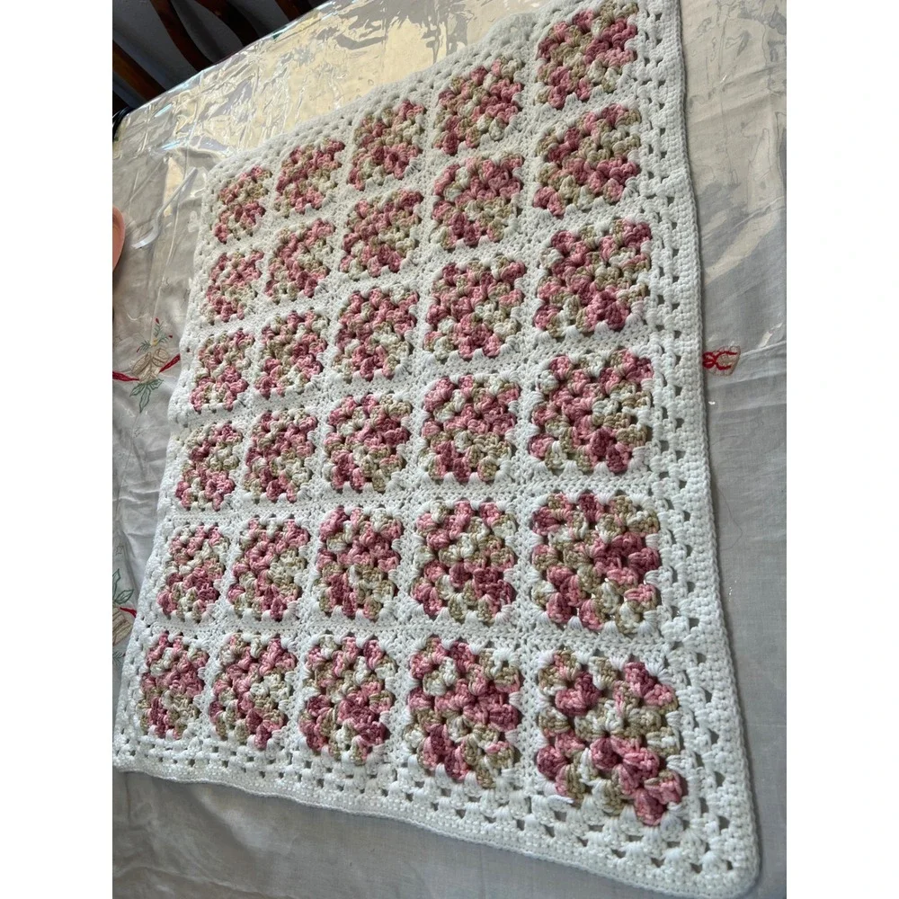 Handmade Crochet Granny Square Blanket Pink Beige‎ White Throw Baby Afghan